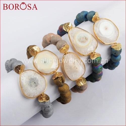 BOROSA Sun Flower Quartz Bracelets, Gold Color White Solar Quartz Faceted Bracelet With 10mm Titanium Druzy Stone Beads G1431