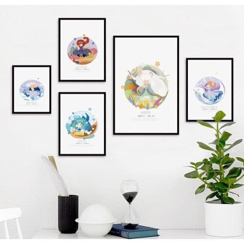 WTQ Cute 12 Constellations Cartoon Poster Divination Canvas Painting Wall Art Girl Room Bedroom Home Decor for Living Room Decor