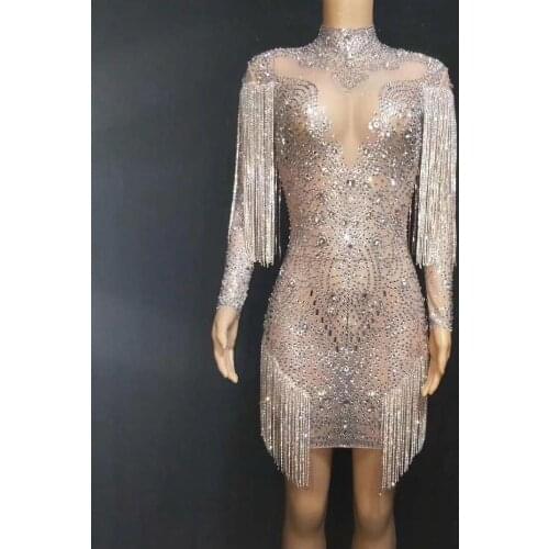 2020 New Design Silver Crystals Fringes Dress Prom Evening Celebrate See Through Mesh Dress Shining Birthday Transparent Dress