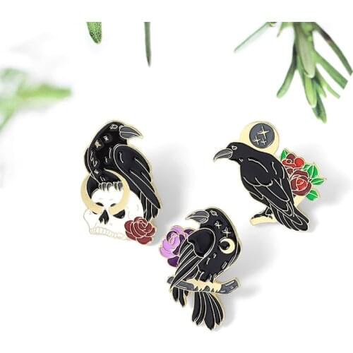 New Product Retro Exaggerated Black Bird Brooch Funny Skull Rose Flower Crow Brooch pin Paint Enamel Alloy Badge Jewelry Gift