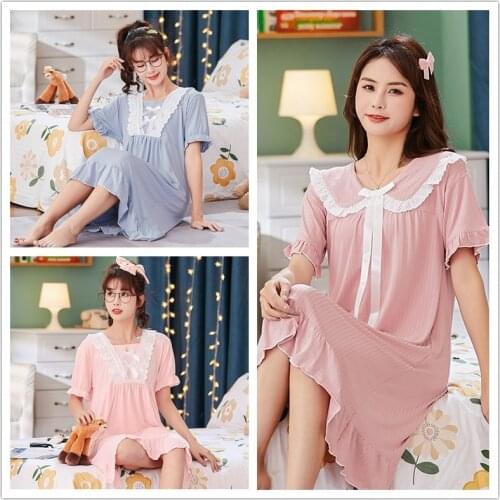 Summer New Nightgown Short Sleeve Female Knee Length Skirt Womens Nightdress Loose Nightwear Home Wear Sleepwear Lingerie