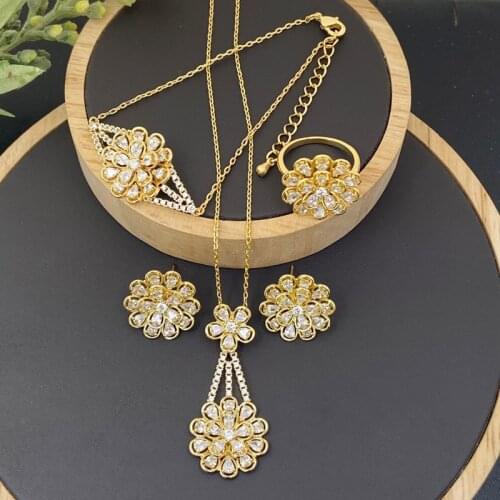 Lanyika Fashion Jewelry Set Romantic Flower Zirconia Micro Pave Necklace with Earring, Bracelet and Ring for Woman Wedding Gifts