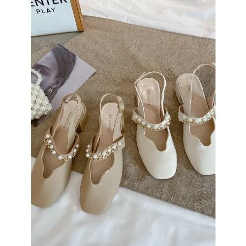 Temperament Square Toe Ladies Sandals Summer New Exquisite Pearl Decoration All-Match Baotou Sandals