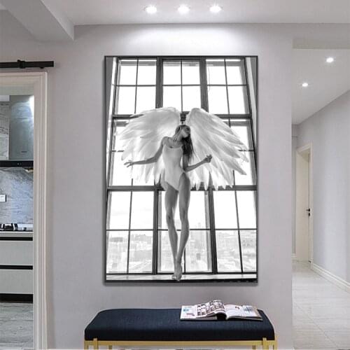 Angel Wing Portrait Posters and Prints Canvas Painting Black and White Dancer Girl Wall Pictures for Gym Yoga Room Decoration