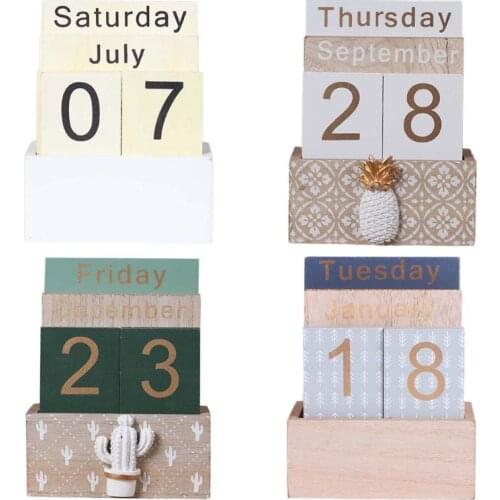 H05B Vintage Wooden Perpetual Calendar Eternal Block Planner Photography Props Month Week Date Display Home Office Desktop