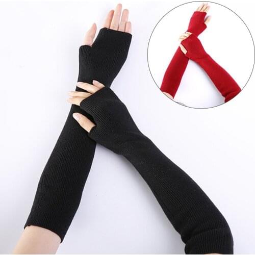 Knitted Protection Fingerless Long Gloves Women Arm Warmers Solid Warm Mittens Half Finger Sleeves Long Glove Black Red White