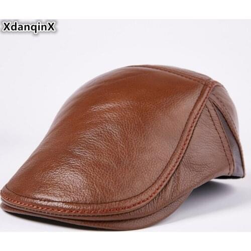 XdanqinX Middle-aged Men Cowhide Leather Beret Genuine Leather Hat 2019 New Autumn Mens Flat Cap Dads Tongue Caps Snapback Cap
