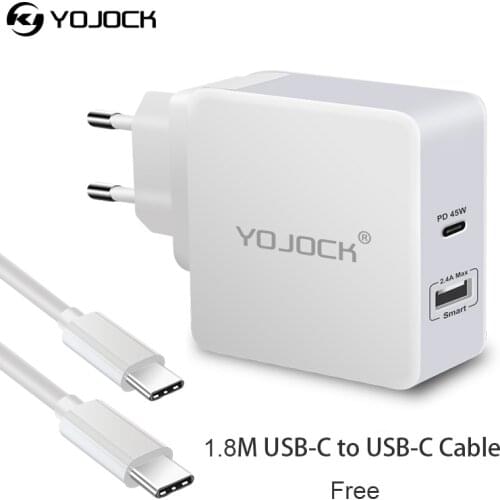 Yojock 57W USB Type C PD Charger Portable Power Delivery QC3.0 Charger for Nintendo Swith Xiaomi Huawei w/ White Type C Cable