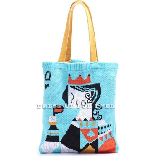 Female Bag Cartoon Crochet Woolen Shoulder Bag Simple Vintage Handbag Tote Large Capacity Embroidery Cute Book Bags For Girls