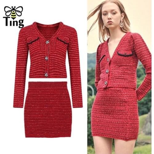Tingfly 2021 Vouge New Knitting Crystal Button Single Breasted Short Cardigans & Mini Skirts Women Fashion 2 Pcs Set Chic Outfit
