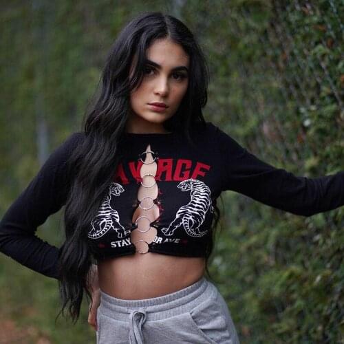 Women Goth Punk Style Front Ring Circle Design Crop Top Letter Tiger Pint T-Shirt Long Sleeve Sexy Tshirts Autumn Streetwear Tee