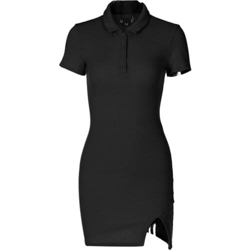 2021 SANWOOD Bodycon Dress Solid Color Split Women Turndown Collar Short Sleeve Mini Dress Streetwear