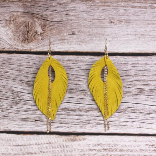 ZWPON Symmetric Soft Suede Leather Leaf Earrings Link Chain Tassel Genuine Leather Earrings Jewelry Wholesale