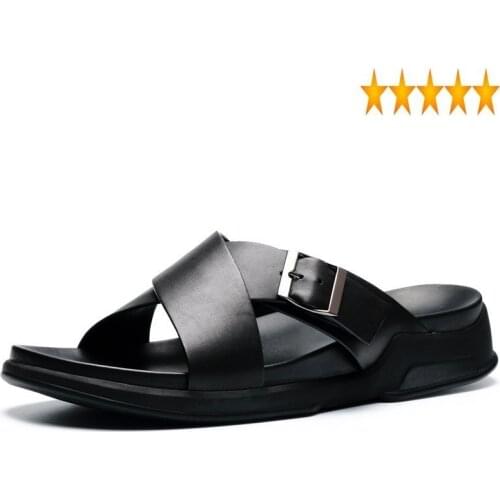 100% Designer Slippers Waterproof Beach Real Leather Black Men Platform Sandals 2021 Summer Outdoor Luxury Casual Shoes Slides