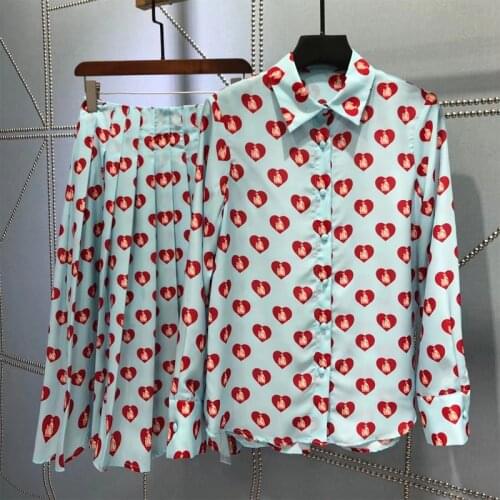 2021 spring autumn women blue skirt sets quality blouse + pleated maxi skirts women sweet two pieces sets