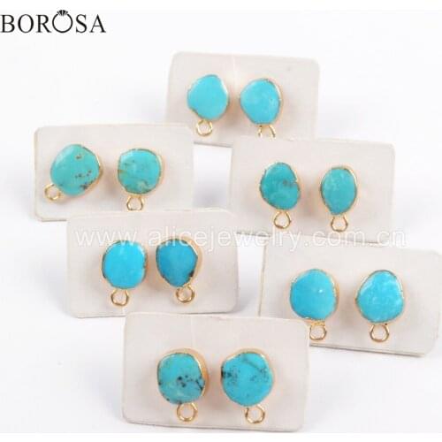 BOROSA 5Pairs Gold Electroplated Natural Turquoises Stud Earring with Charm Blue Howlites Earrings Finding Jewelry Making G1709