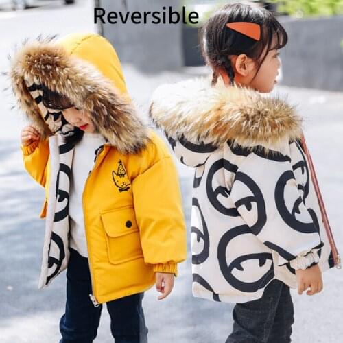 Dollplus Girls Coats Winter Fur Hoodie Kids Boy Jackets Warm Childrens Down Jacket Cartoon Thick Baby Boy Clothes Snowsuits