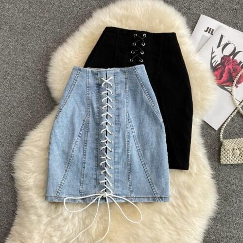Retro Hong Kong Style Chic Denim Skirt Female Summer Design Sense Niche Strappy Slim Skirt Black Bag Hip Skirt