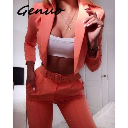 GENUO New 2019 Fashion Blazer Suit and Pant Set Women Autumn Coat Outwear Matching Sets High Waist Pants Trousers Streetwear