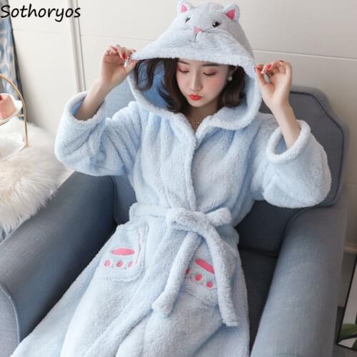 Robes Women Winter Warm Thicker Kawaii Soft Loungewear Female Flannel Sweet Fashion Knee-length Long Sleeve Cartoon Cozy Pockets
