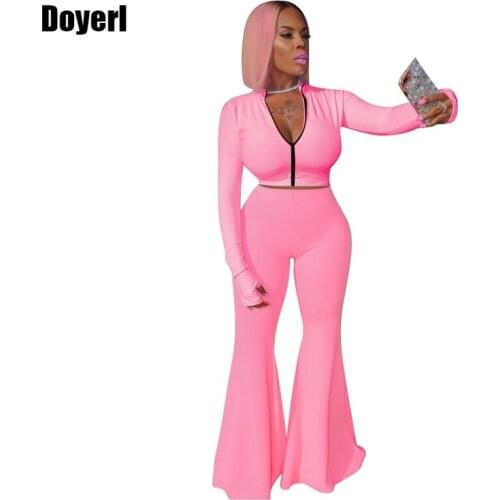 Pink Two Piece Pants Set Women 2020 Fall Clothes for Women Zipper Crop Tops and Flare Pants Set Streetwear 2 Piece Club Outfits