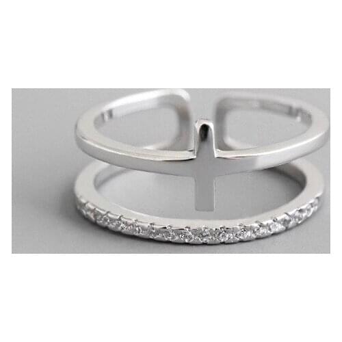 Han edition S925 J165 Korea micro ring inlay zircon cross double personality geometric openings