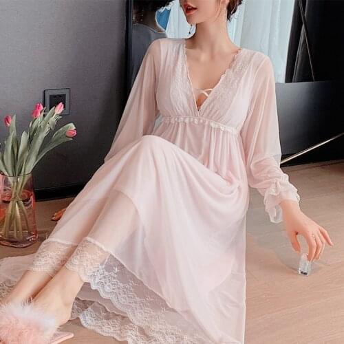 Summer Gown Long Sleeve Nightgown Sleepwear Female Lace Princess Style Nightdress Sleepshirt Mesh Loungewear Loose Home Dress
