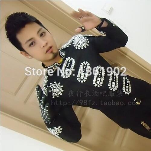 Fashion Rhinestones Epaulet black outerwear jacket ds dj singer dancer coat jazz show slim performance nightclub costume outfit