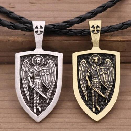 Men Necklace Archangel St.Michael Protect Me Saint Angel Shield Protection Charm Russian Orhodox Pendant Necklace Amulet Jewelry