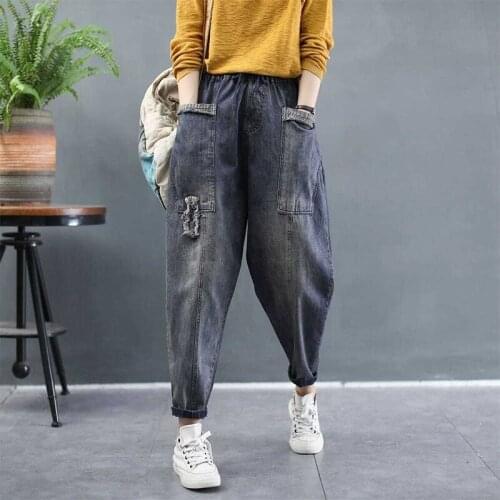 2020 Spring Autumn New Arts Style Women Elastic Waist Loose Vintage Jeans Femme Cotton Denim Harem Pants Plus Size M655