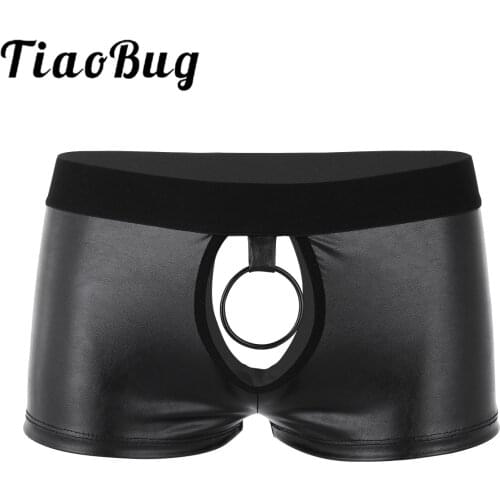 Open Croch Panties Sexy Erotic Lingerie Men Gay Porno Underwear Sex Bikini Latex Boxer Shorts Metal O-ring Penis Hole Underpants