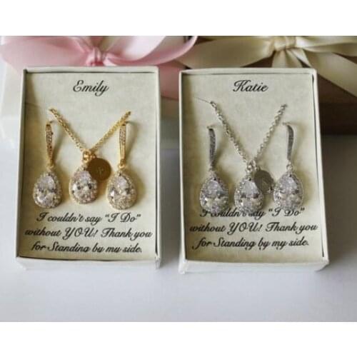 Personalized any name wedding Bridesmaid teardrop Cubic Zirconia Earrings dangles necklace sets CZ Jewelry Set proposal gifts