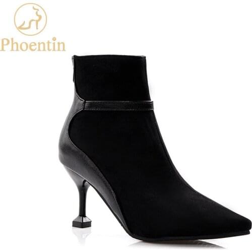 Phoentin mixed colors ankle boots female high heels back zip closure pointed toe patchwork shoes women plus size 34~48 FT774