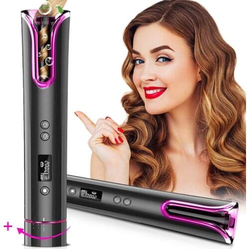 Cordless Automatic Hair Curler USB Rechargeable Curling Iron Curls Waves LCD Display Ceramic Curly Rotating Curling Wave Styer