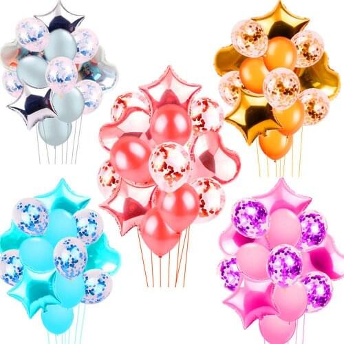 14pcs Five Star Foil Balloons Rose Gold Heart Ballon Valentines Day Gift Wedding Birthday Balon Happy Birthday Party Decor Kid