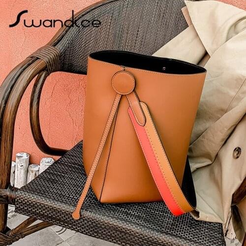 High Quality Contrast Colour Block Belt Tassel Wide Shoulder Strap Bucket Tote Handbags Shoulder Bags Women Female Purses 2020