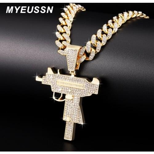 Submachine Gun Fashion Cuba chain Pendant Men Iced Out Crystal Gold/Silver Colour Charm Necklace Hip Hop Jewelry Cuban Necklace