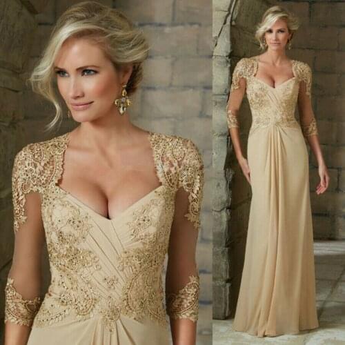 Gorgeous V Neck Champagne Short Sleeves Chiffon Lace Applique Wedding Guest Dress Mother Of The Bride Dresses