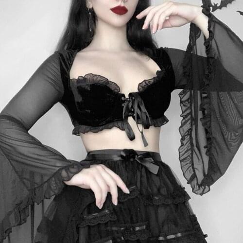 Mall Gothic Sexy Velvet Ruffle T Shirt Y2K Aesthetic Black Chiffon Flare Sleeve Lace Up Tops Harajuku Casual Crop Tops