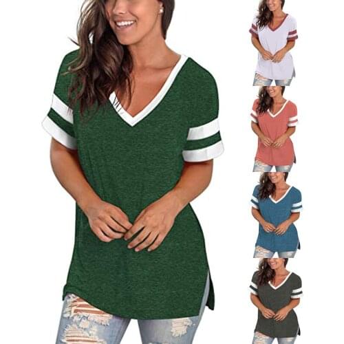 T Shirt Women Summer Clothes 2021 Wear New Amazon v-neck Stitching Color Split Leisure T-shirt Short Sleeves Tshirt CHF7097