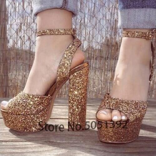 Woman Glitter Bling Bling Sandals Platform Sequined Chunky Heel Open Toe Shoes Sexy Gold Night Club Street Party Female Sandals