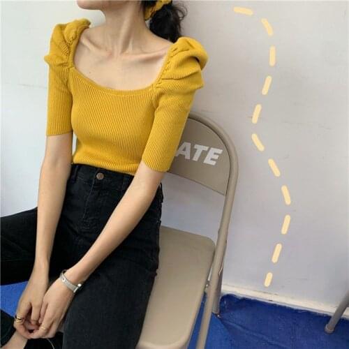 Woman TShirts Womens Short-Sleeved Knitted Summer Pullover Square Collar Top Crop Top Mujer Camisetas