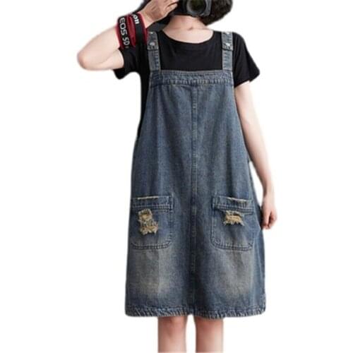 Summer Plus Size Dresses For Women Sleeveless Vintage Hole Denim Sundress Ladies Fashion Loose Midi Dress Vestido De Mujer A528