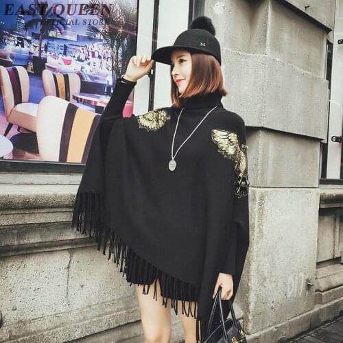 Womens casual cloak pullovers in spring loose embroidery turtleneck knit fabric batwing sleeve tassel tops clothing DD208 F