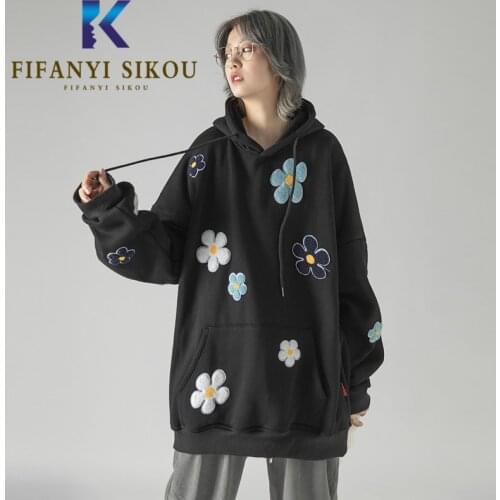Floral Embroidery Hoodies Women Autumn Winter Warm Sweatshirt Fashion Loose Plus Size Pullover Female Casual Hooded Sweatshirts