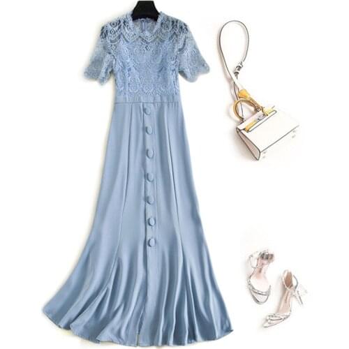 2020 summer women new lace patchwork mermaid dresses Ladies party short sleeve buttons elegant midi dress M-XXL JC308