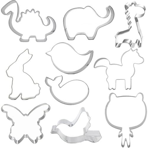 10Pcs Animal Cake Mold Flowers Circle Stainless Steel Cookie Cutters Biscuit Dinosaur Rabbit Horse Bear Cake Kitchen Baking Tool