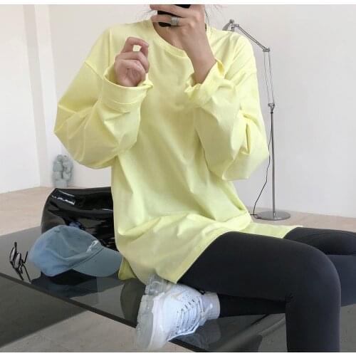 2021 Spring Korean Minimalist Womens T-shirts Long Sleeve Cotton Loose Tops Oversized t-shirt Korean Style Womens Clothing