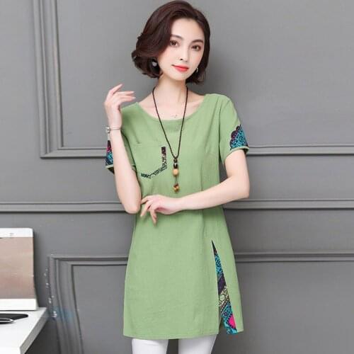 Women Summer Tunic Large Size Korean Fashion Patchwork Embroidery Green Black Blouses Shirts Short Sleeve Cotton Linen Top Woman