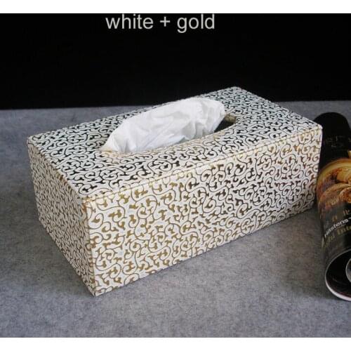 Wooden struction leather rectangle tissue box holder napkin box toilet paper holder dispenser case white+gold 239A